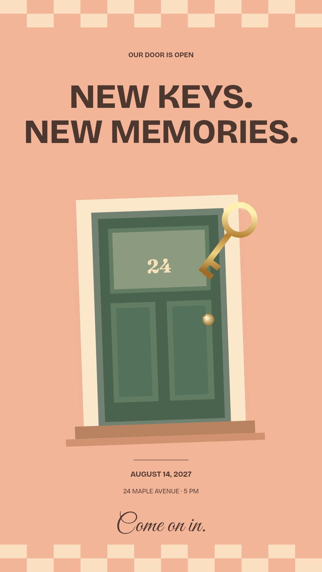 New Keys — Peach checkerboard invitation artwork