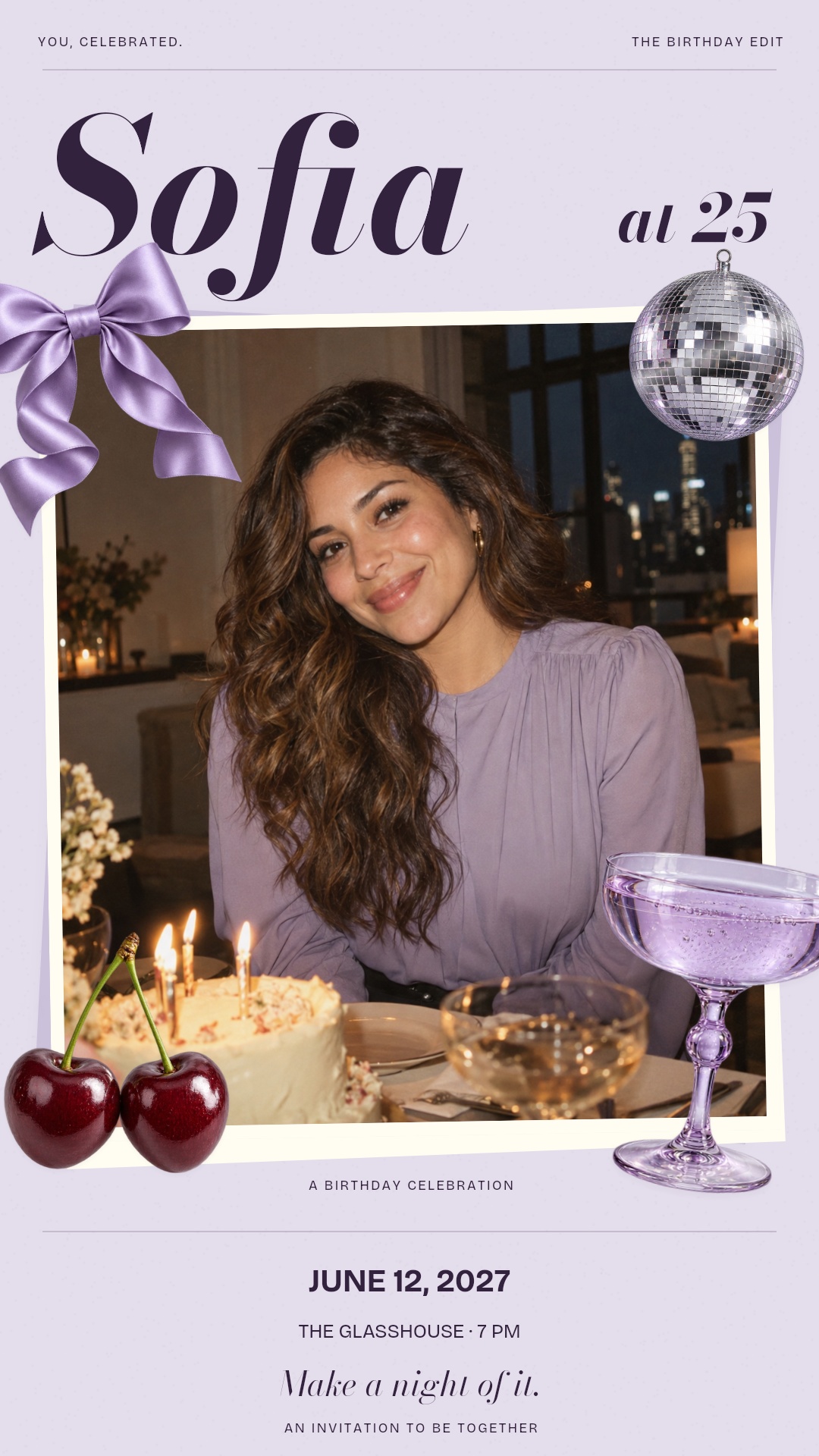 Lavender birthday invitation with a large fictional Sofia portrait, layered photo prints, ribbon, cherries, a coupe and a mirror ball.